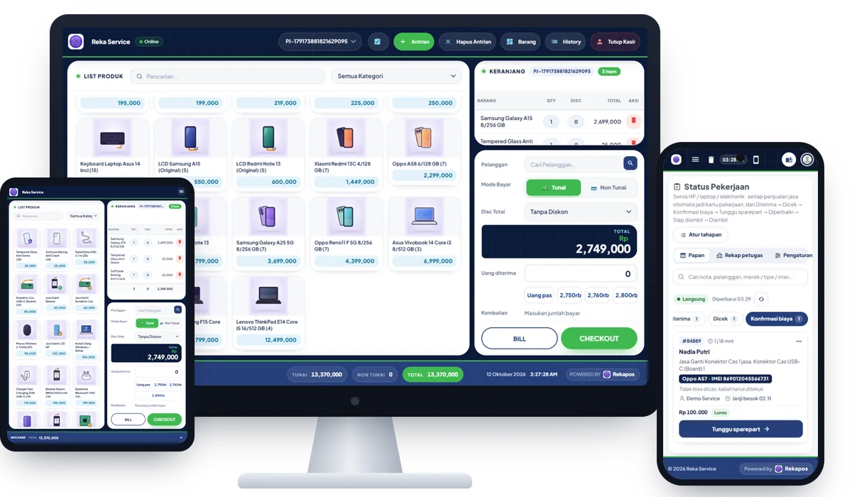 Tampilan kasir toko demo Reka Service — servis HP & elektronik