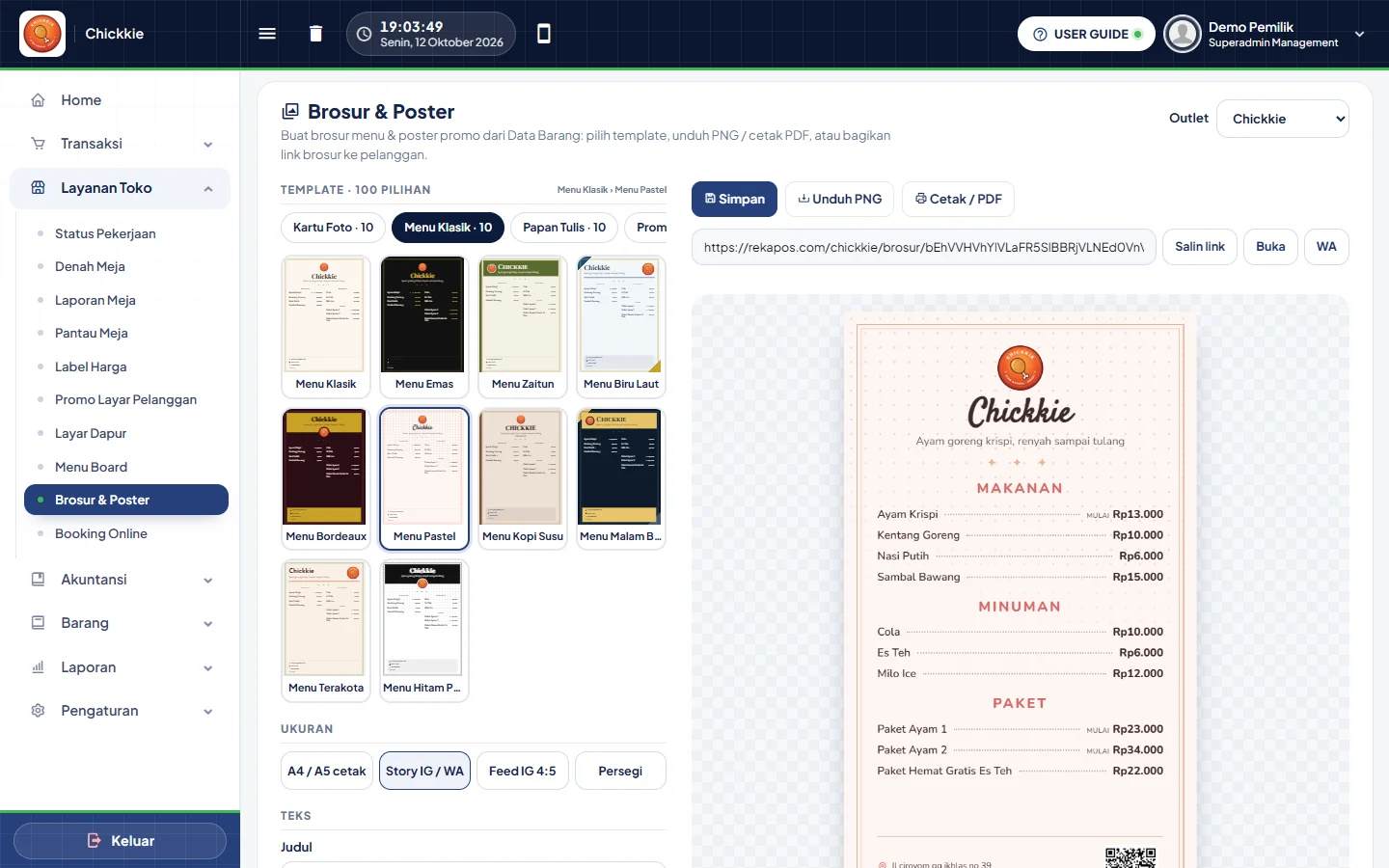 Editor brosur Rekapos: 100 template, pratinjau langsung