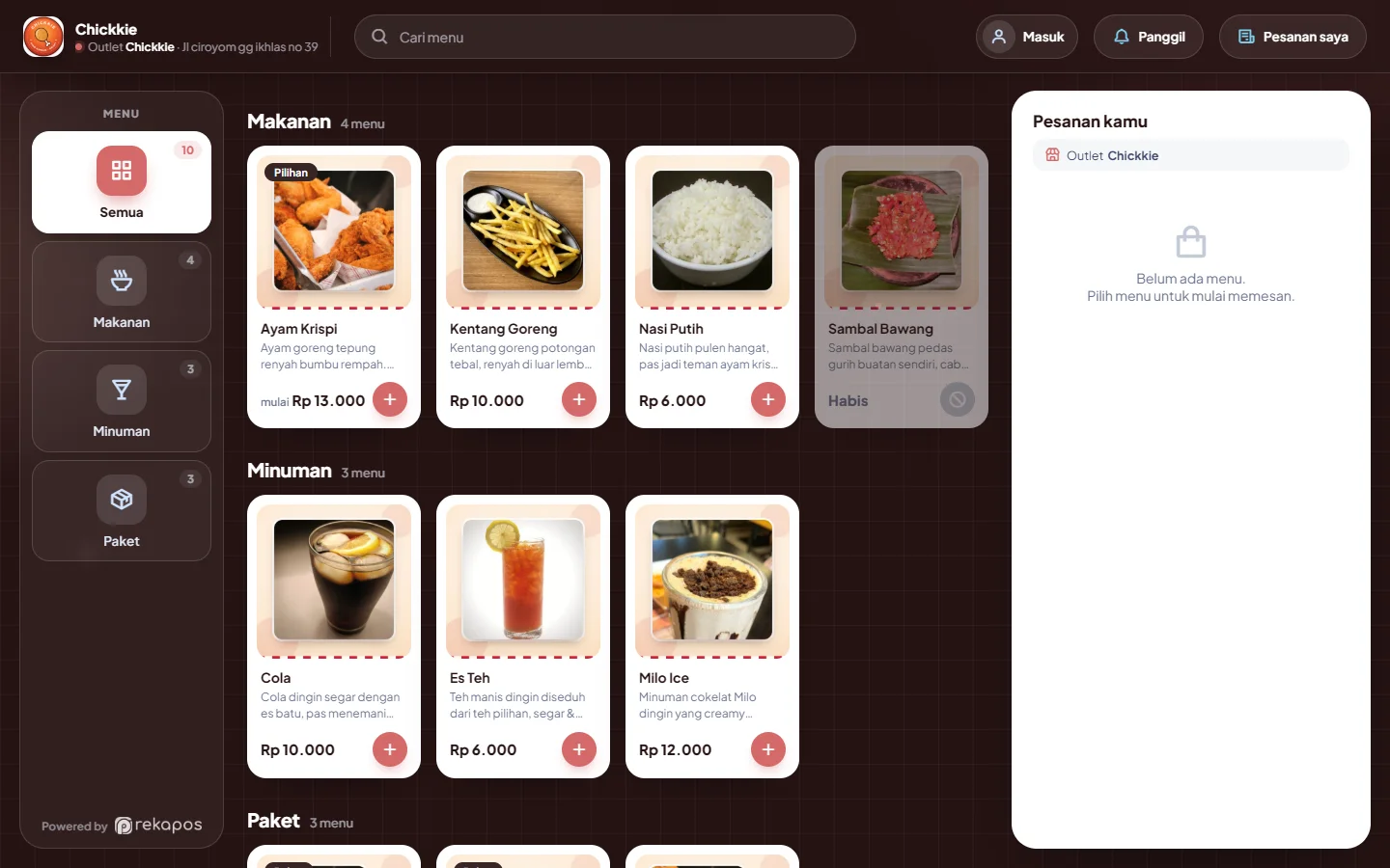Halaman order online Rekapos: menu bergambar dan pesanan kamu