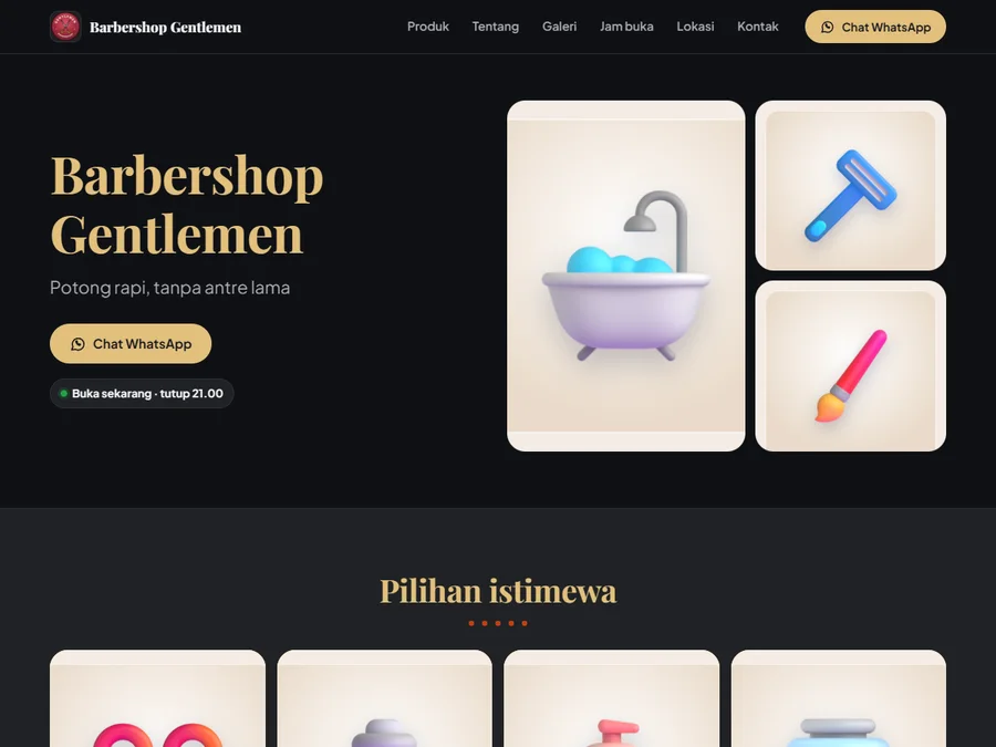 Website toko contoh Barbershop Gentlemen: template gelap dengan judul emas dan kolase foto