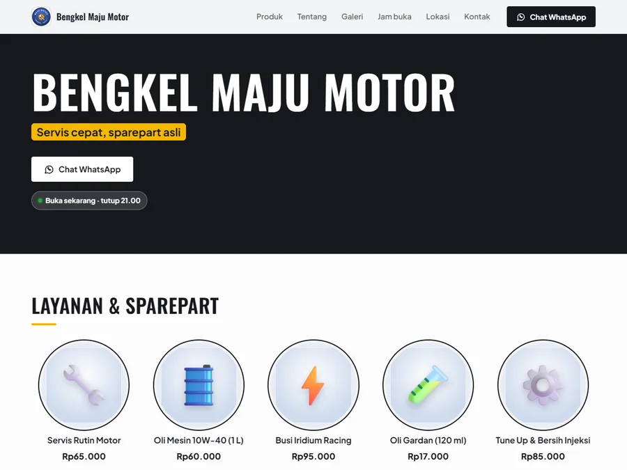 Website toko contoh Bengkel Maju Motor: pembuka poster hitam dengan judul besar dan produk berbentuk bulat