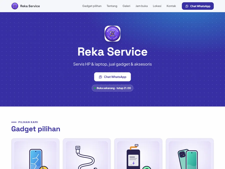 Website toko contoh Reka Service: pembuka ungu dengan logo di tengah dan kartu produk