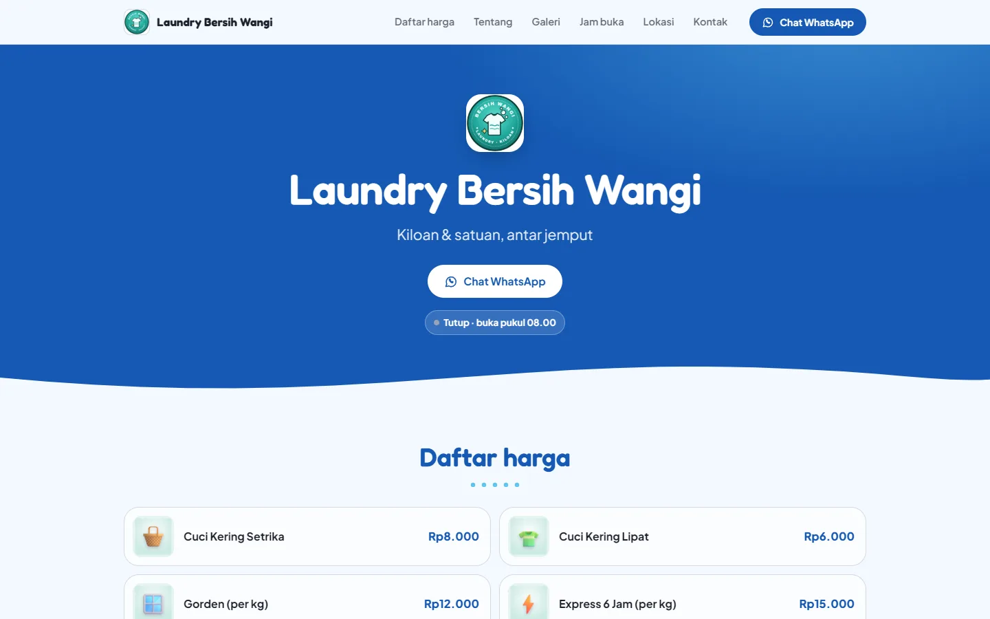 Website toko contoh Laundry Bersih Wangi: nama usaha, tombol WhatsApp, dan daftar harga
