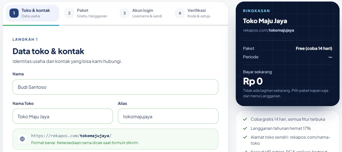 Langkah 1 pendaftaran: data toko dan kontak