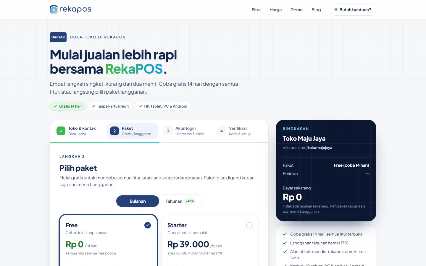 Langkah 2 pendaftaran: pilih Free, Starter, Standard atau Pro
