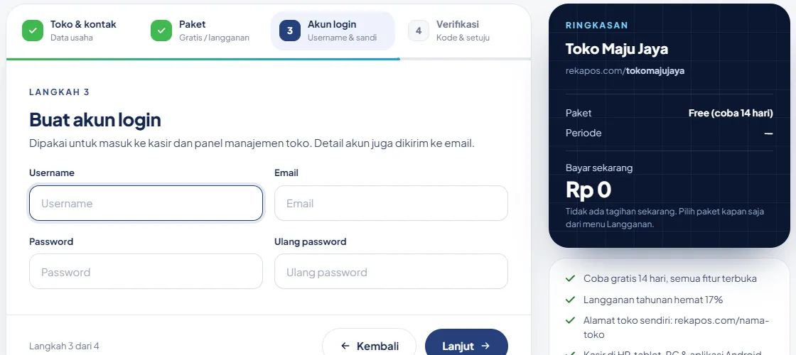 Langkah 3 pendaftaran: username, email, sandi