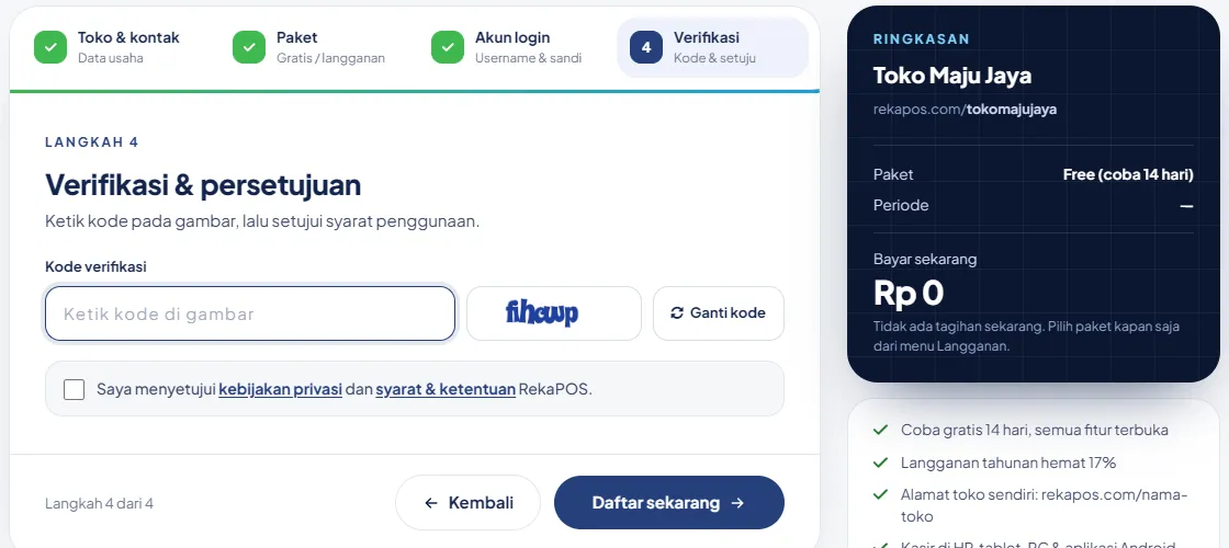 Langkah 4 pendaftaran: kode verifikasi dan persetujuan
