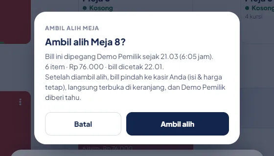 Konfirmasi Ambil alih Meja 8