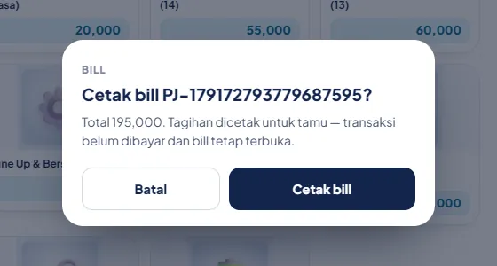 Konfirmasi Cetak bill dengan total dan tombol Cetak bill