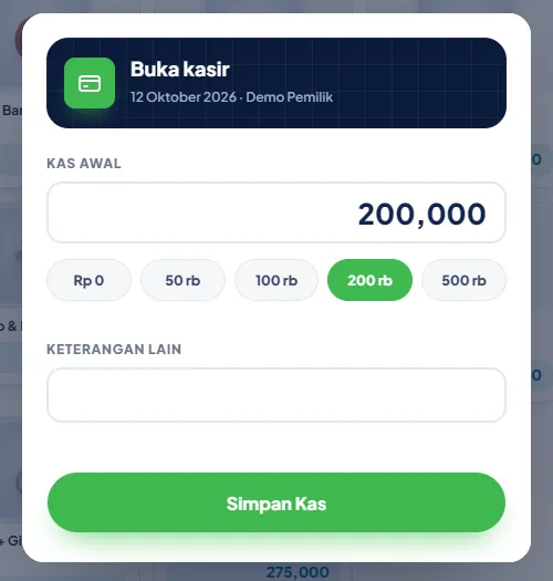 Jendela Buka kasir dengan isian Kas Awal, tombol cepat dan Keterangan Lain
