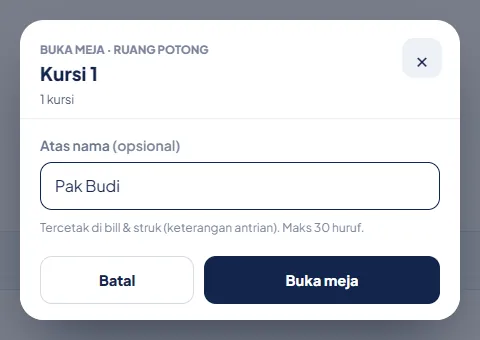 Dialog Buka meja Kursi 1 dengan atas nama Pak Budi