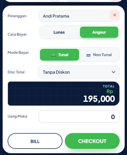 Panel bayar dengan pelanggan Andi Pratama dan Cara Bayar Angsur, isian Uang Muka
