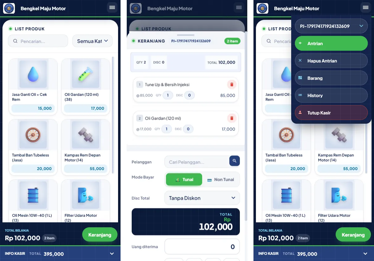 Kasir di HP: daftar produk, lembar keranjang dari bawah, dan menu tombol