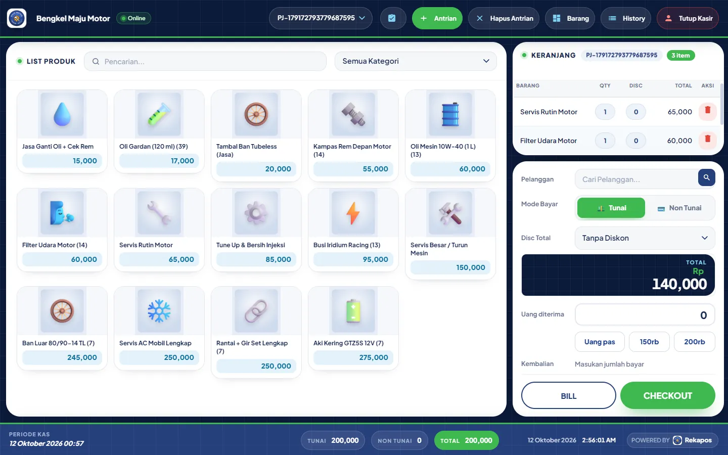 Layar kasir template Touch berisi daftar produk, keranjang dan panel pembayaran