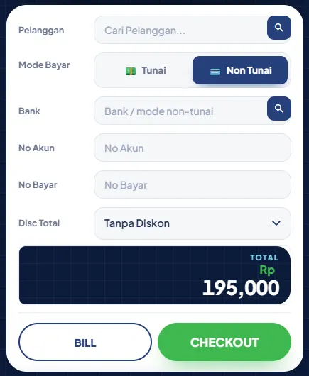 Mode Bayar Non Tunai dengan isian Bank, No Akun dan No Bayar
