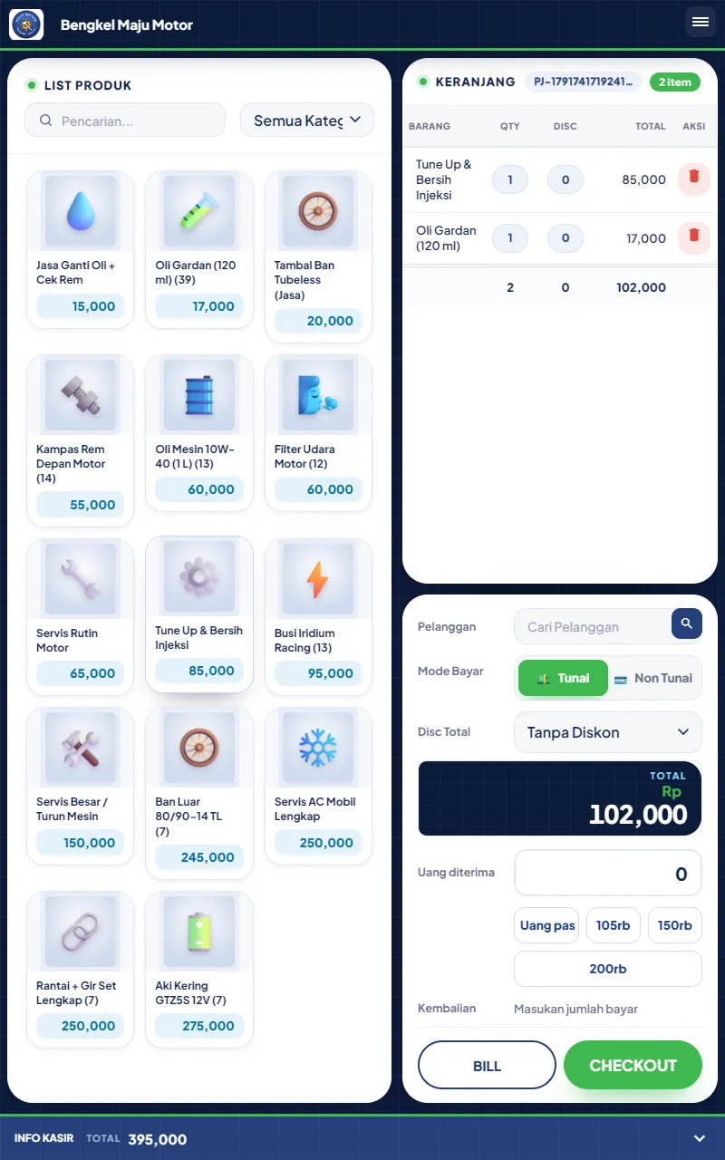 Kasir di tablet: produk di kiri, keranjang dan pembayaran di kanan