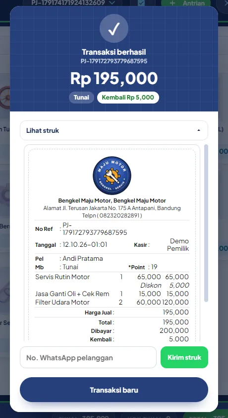 Kartu Transaksi berhasil dengan total, kembalian, struk dan kirim struk WhatsApp