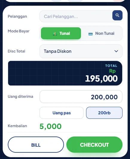 Mode Bayar Tunai, uang diterima 200.000, kembalian 5.000