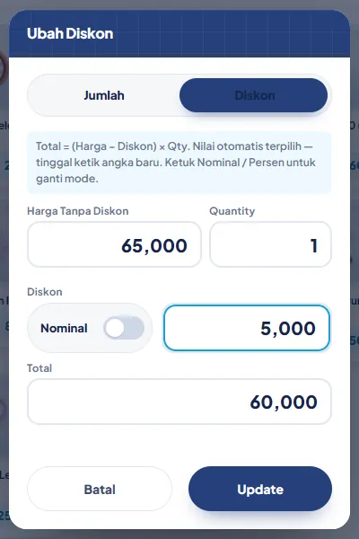 Jendela Ubah Diskon dengan saklar Nominal/Persen