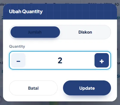 Jendela Ubah Quantity dengan tombol minus, plus dan Update
