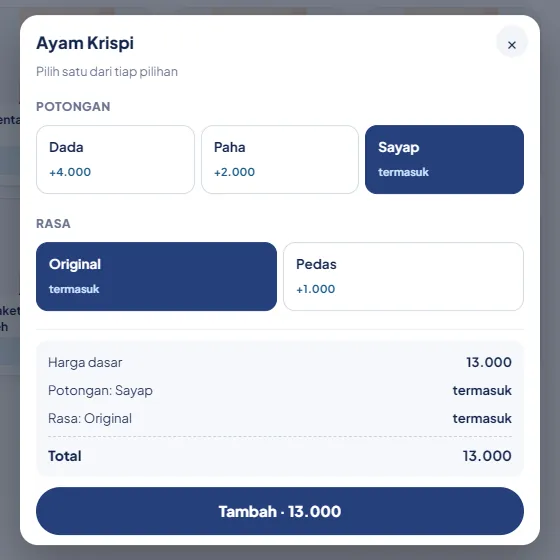 Jendela pilih varian Ayam Krispi dengan pilihan potongan dan rasa
