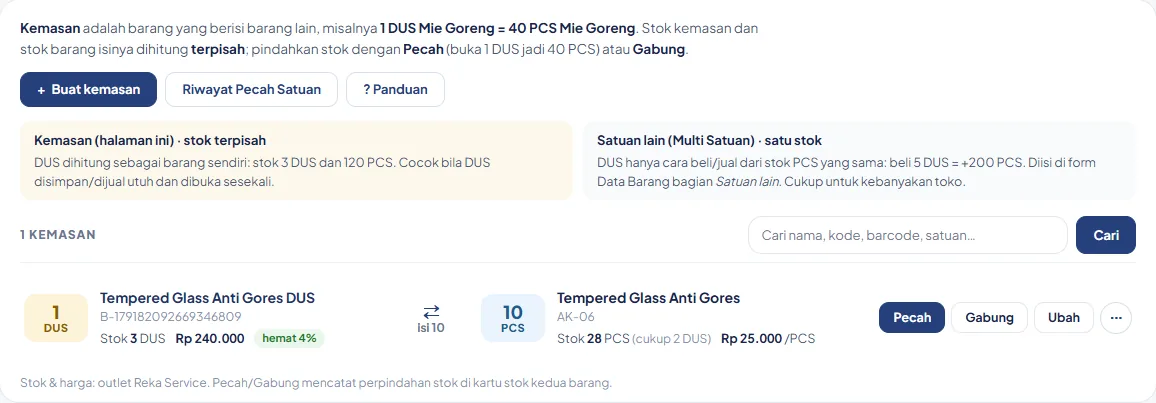 Halaman Konversi Barang: 1 DUS Tempered Glass Anti Gores DUS stok 3 isi 10 PCS Tempered Glass Anti Gores stok 28, tombol Pecah Gabung Ubah