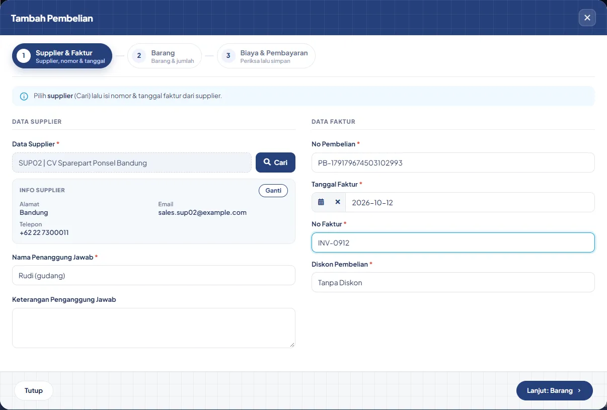 Langkah 1 pembelian: supplier terpilih dengan kartu Info supplier (alamat, email, telepon) dan data faktur