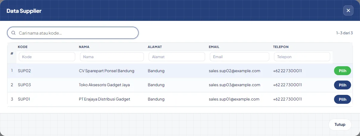 Daftar pilih Data Supplier: kotak cari di atas, info 1–3 dari 3, satu kolom nomor, baris tersorot dan tombol Pilih di ujung baris