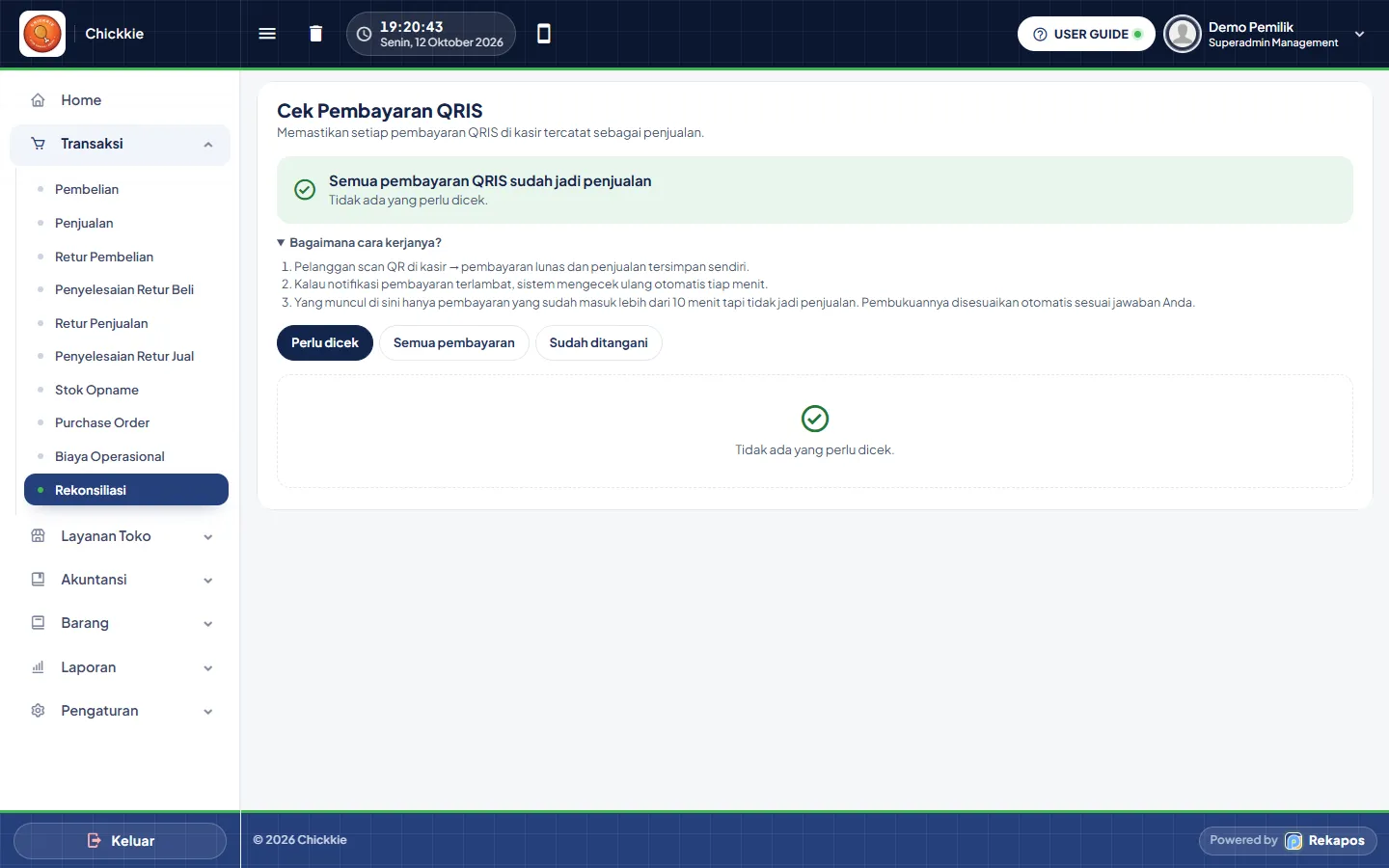 Halaman Cek Pembayaran QRIS dengan banner status, penjelasan cara kerja, dan tab Perlu dicek, Semua pembayaran, Sudah ditangani