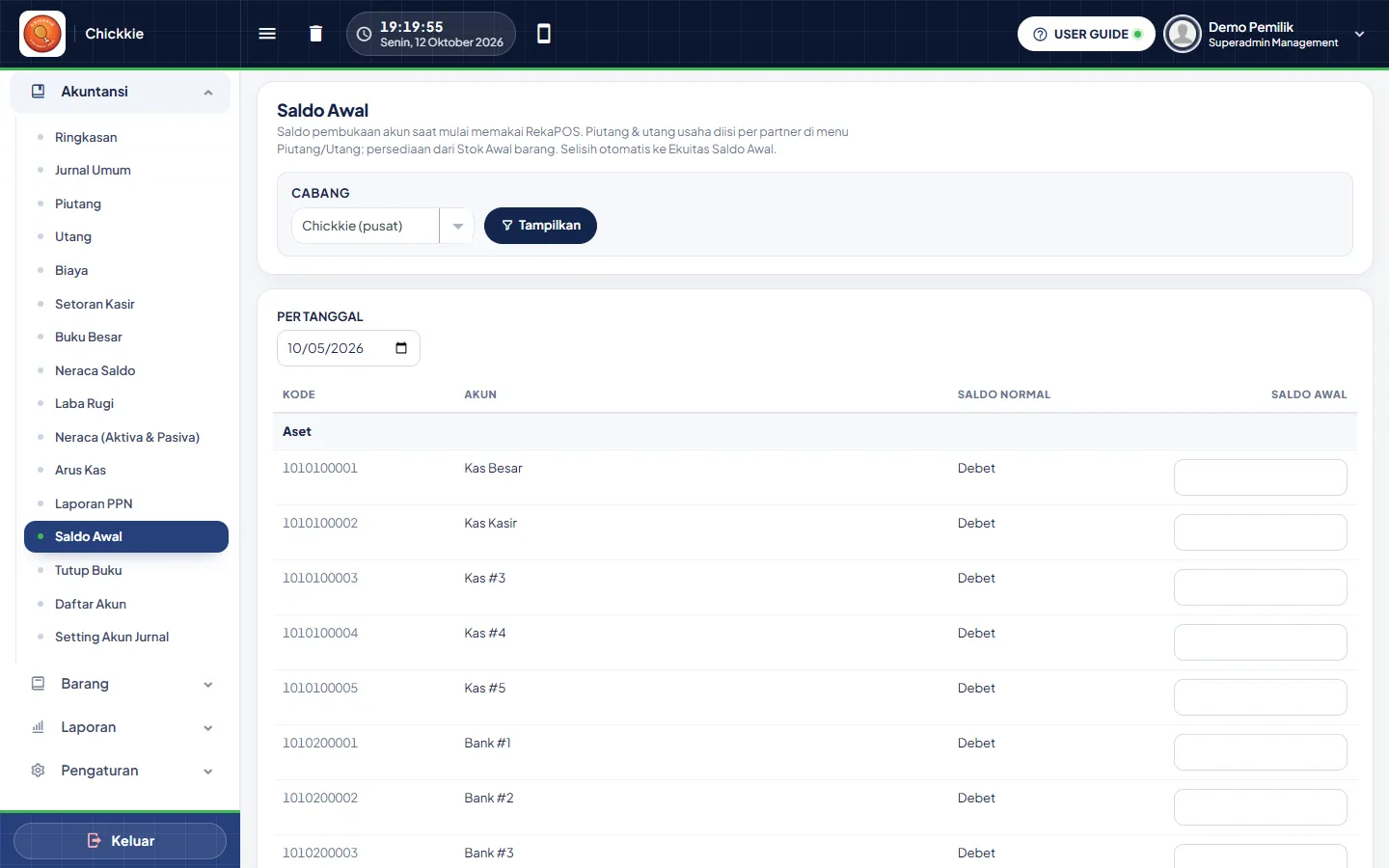 Halaman Saldo Awal per tanggal dengan daftar akun Aset, Kewajiban, Modal