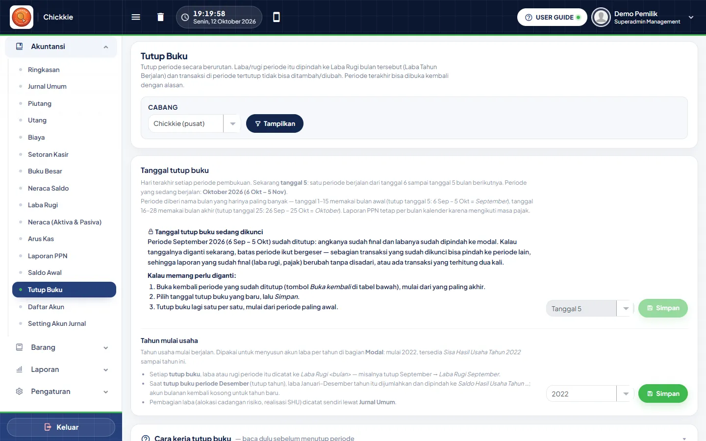 Halaman Tutup Buku: tanggal tutup buku, kotak tanggal sedang dikunci, tahun mulai usaha