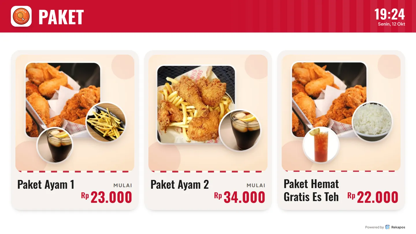 Menu board di TV: judul MAKANAN, Ayam Krispi besar dengan harga mulai Rp 13.000, daftar Kentang Goreng, Nasi Putih, Sambal Bawang bertanda HABIS