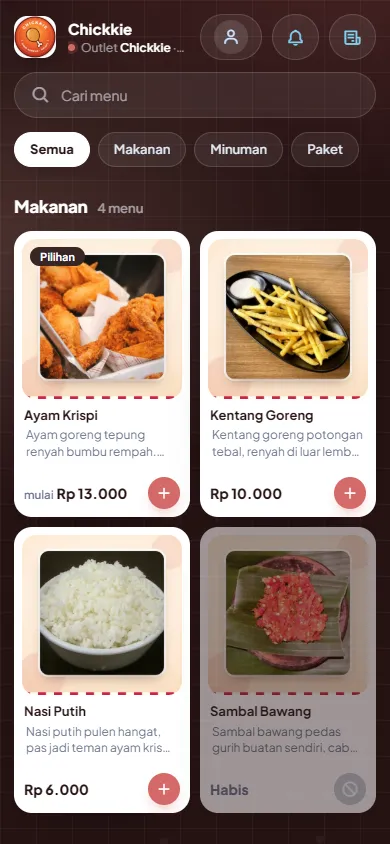 Daftar menu order online per kategori dengan foto dan harga