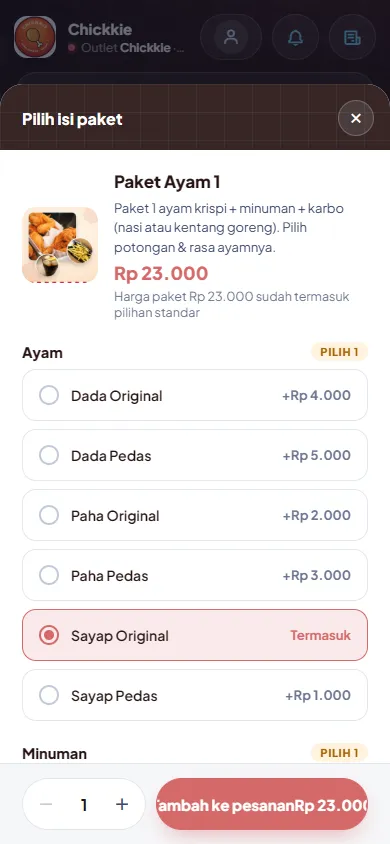 Pilihan isi paket: potongan ayam, minuman, karbo dengan tambahan harga, tombol Tambah ke pesanan