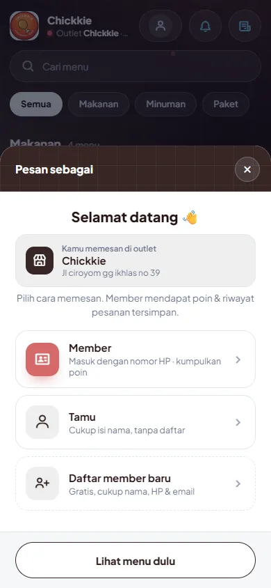 Halaman order HP: Selamat datang, pilih Member, Tamu, atau Daftar member baru
