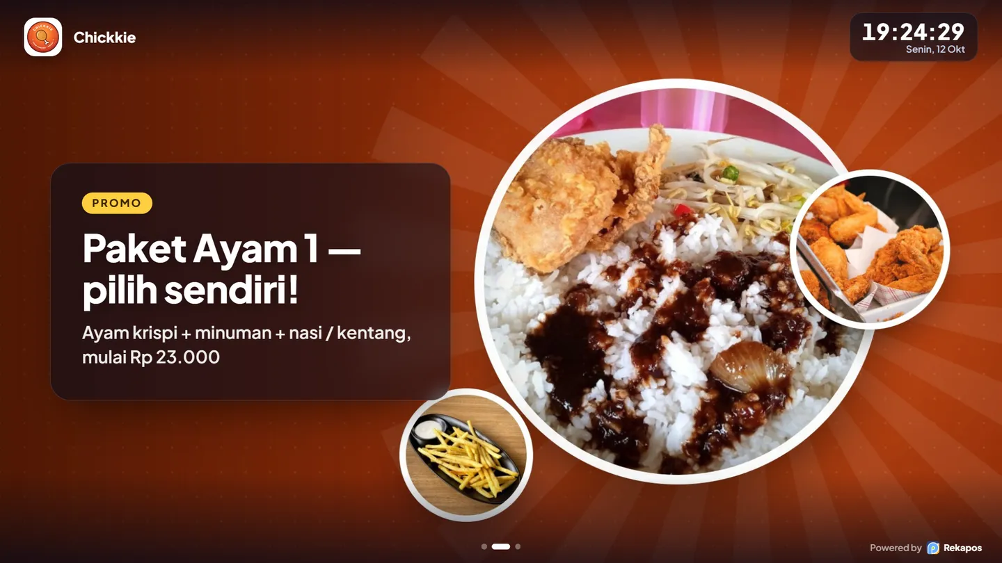 Layar pelanggan di TV memutar slide promo Paket Ayam 1 — pilih sendiri