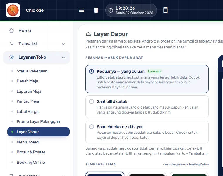 Sidebar backend dengan menu Layanan Toko terbuka: Status Pekerjaan, Denah Meja, Laporan Meja, Pantau Meja, Label Harga, Promo Layar Pelanggan, Layar Dapur, Menu Board, Brosur & Poster, Booking Online