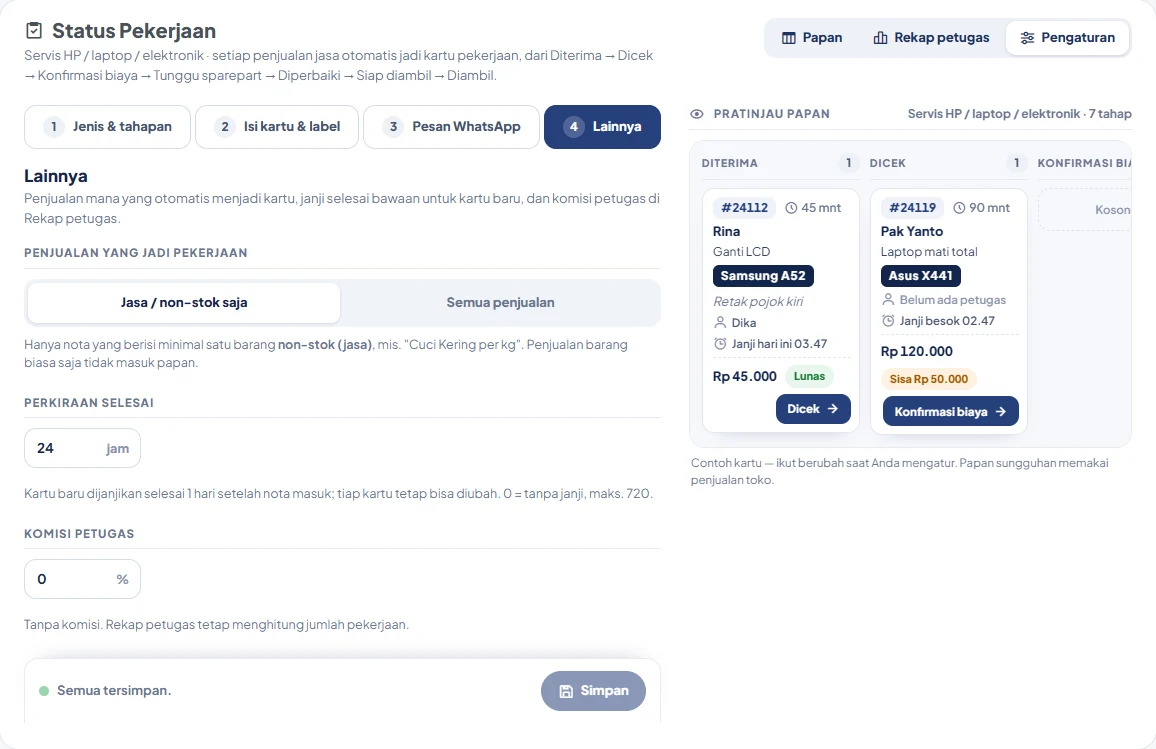 Tab Lainnya: Penjualan yang jadi pekerjaan (Jasa / non-stok saja atau Semua penjualan) dengan penjelasan, Perkiraan selesai dalam jam, Komisi petugas dalam persen dengan contoh hitungan