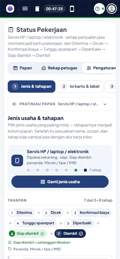 Pengaturan papan di HP: tab bergulir ke samping, pratinjau papan terlipat, ringkasan jenis usaha dengan tombol Ganti jenis usaha, alur tahapan