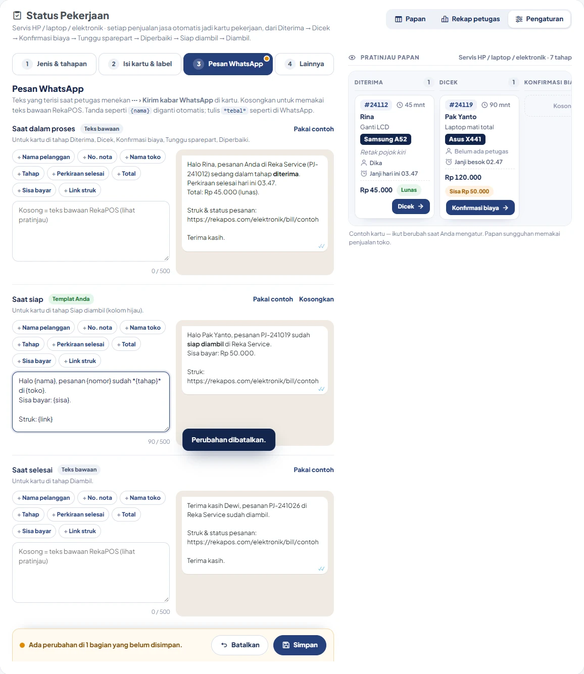 Tab Pesan WhatsApp: tiga blok Saat dalam proses, Saat siap (Templat Anda), Saat selesai; masing-masing berisi tombol sisip Nama pelanggan, No. nota, Nama toko, Tahap, Perkiraan selesai, Total, Sisa bayar, Link struk, kotak pesan, penghitung huruf, dan pratinjau gelembung WhatsApp