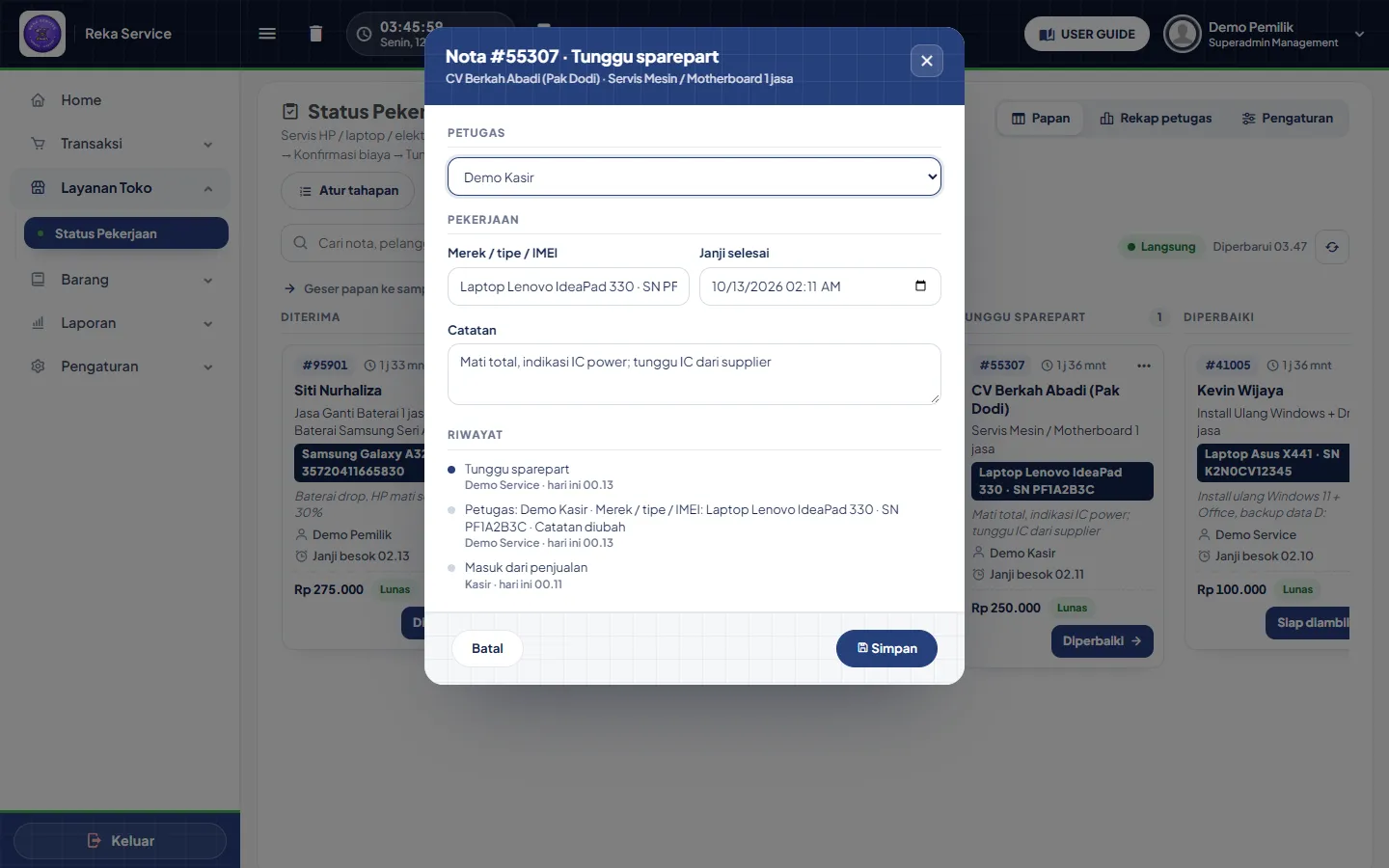 Dialog detail kartu: pilihan Petugas, Merek/tipe/IMEI, Janji selesai, Catatan, dan Riwayat