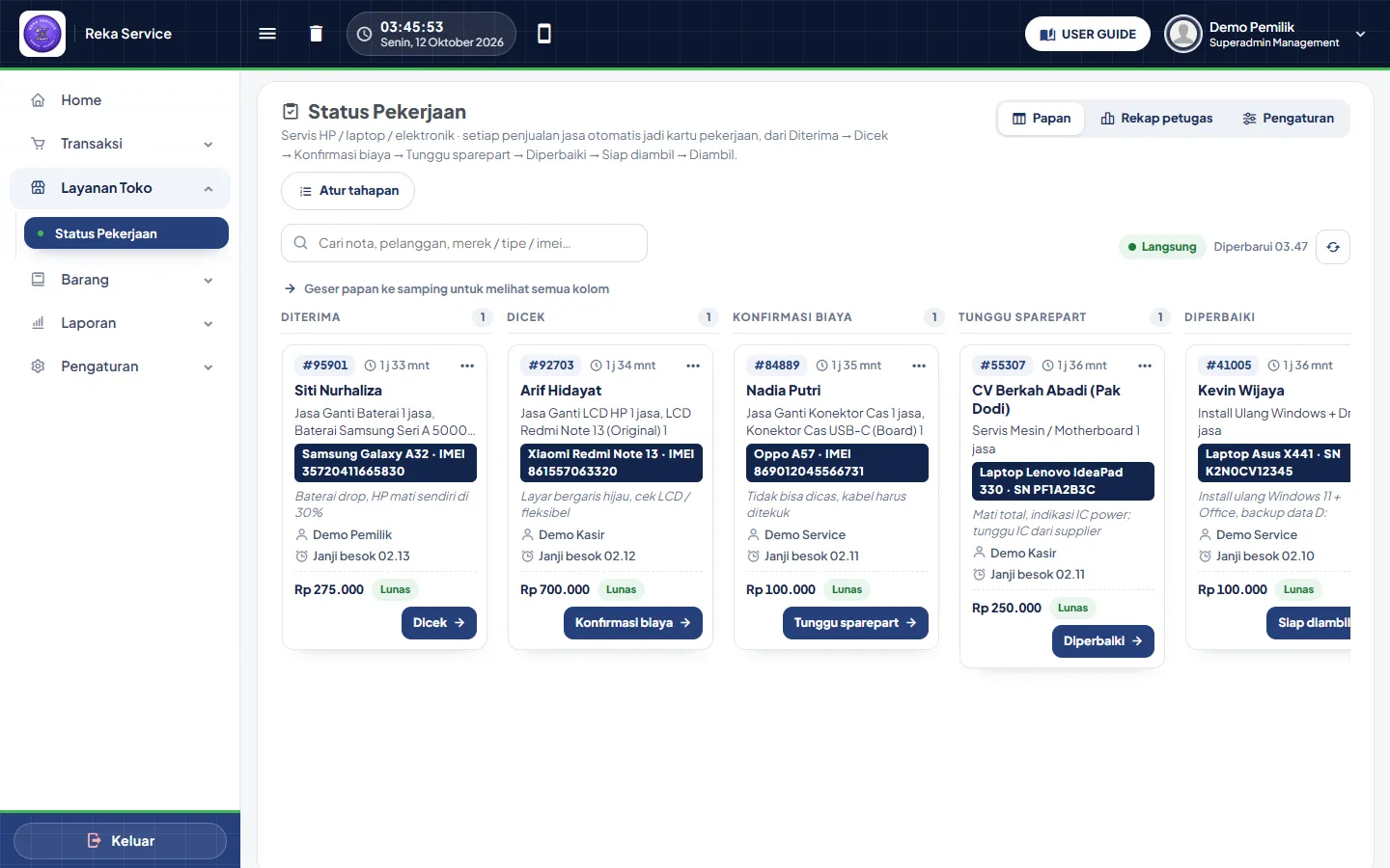 Papan Status Pekerjaan toko demo Reka Service (alias elektronik) dengan kolom Diterima, Dicek, Konfirmasi biaya, Tunggu sparepart, Diperbaiki
