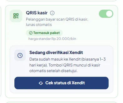 Kartu QRIS kasir di Konfigurasi dengan status Sedang diverifikasi Xendit dan tombol Cek status di Xendit