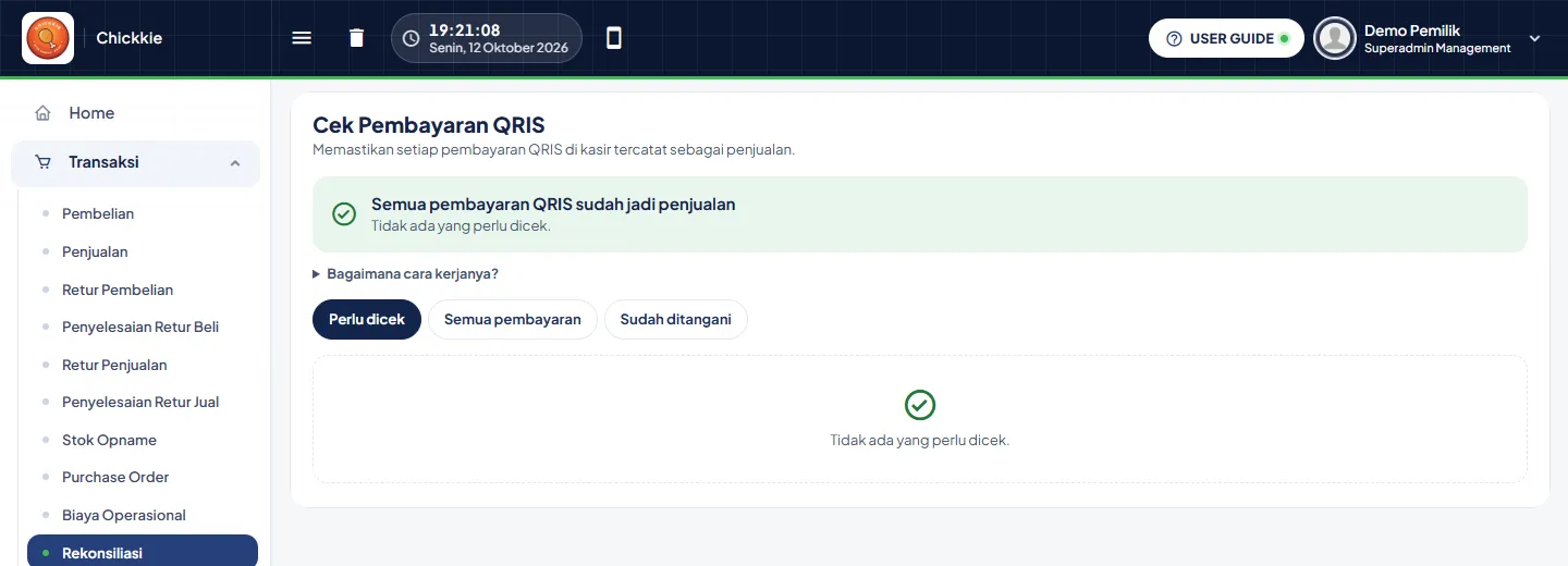 Halaman Cek Pembayaran QRIS: Semua pembayaran QRIS sudah jadi penjualan, tab Perlu dicek, Semua pembayaran, Sudah ditangani