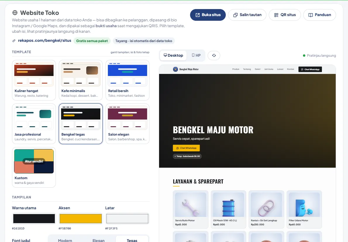 Halaman Layanan Toko › Website Toko: alamat situs, tombol Buka situs, Salin tautan, QR situs, galeri 6 template + Kustom, dan pratinjau langsung tampilan desktop