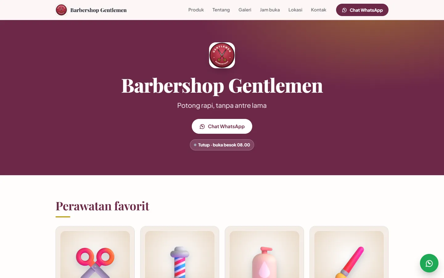 Situs publik Barbershop Gentlemen di desktop: menu Produk, Tentang, Galeri, Jam buka, Lokasi, Kontak, tombol Chat WhatsApp dan bagian Perawatan favorit