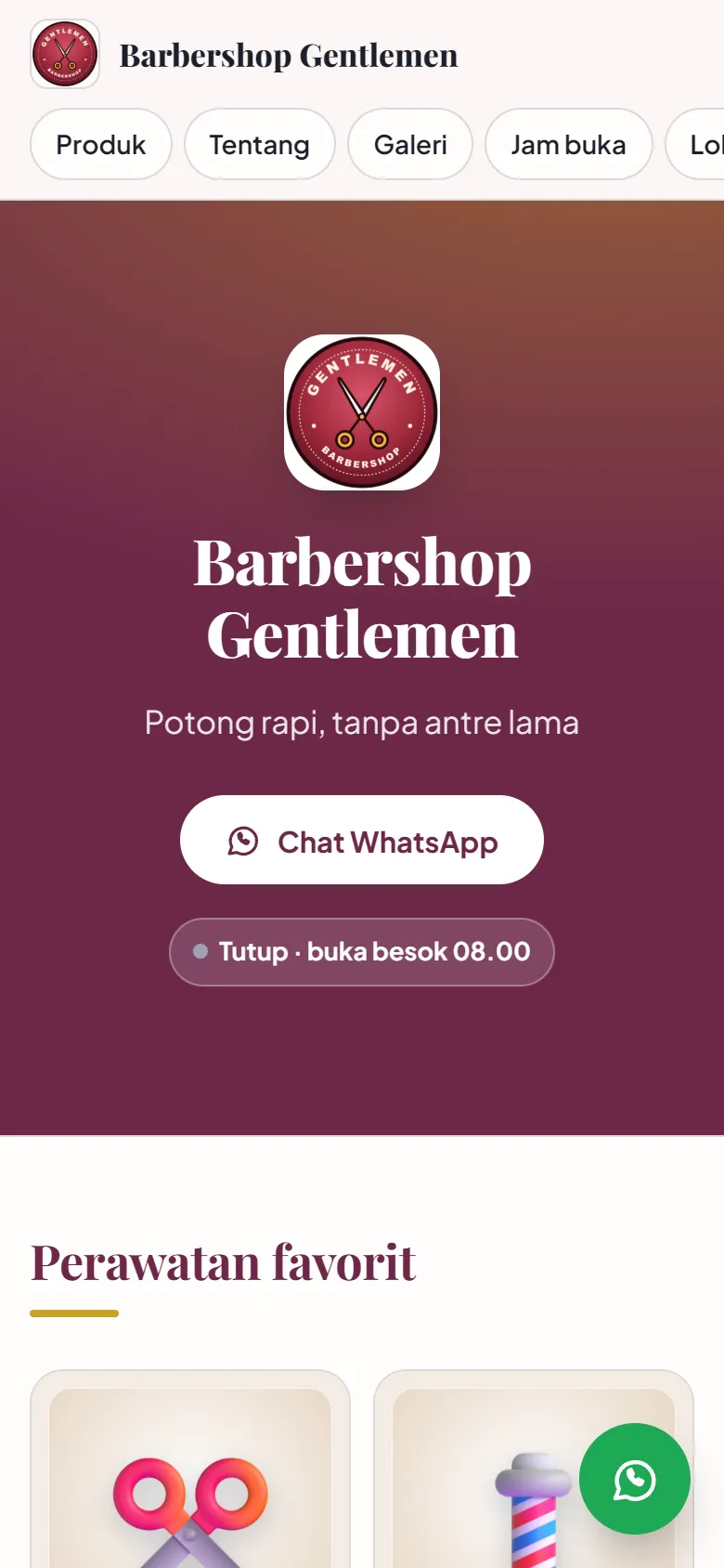 Situs publik Barbershop Gentlemen di layar HP: logo, nama usaha, slogan, tombol Chat WhatsApp, status buka, menu bagian