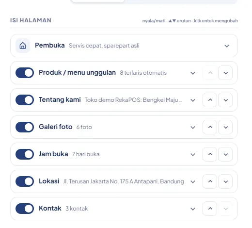 Daftar Isi halaman: Pembuka, Produk / menu unggulan, Tentang kami, Galeri foto, Jam buka, Lokasi, Kontak, masing-masing dengan saklar dan tombol naik turun