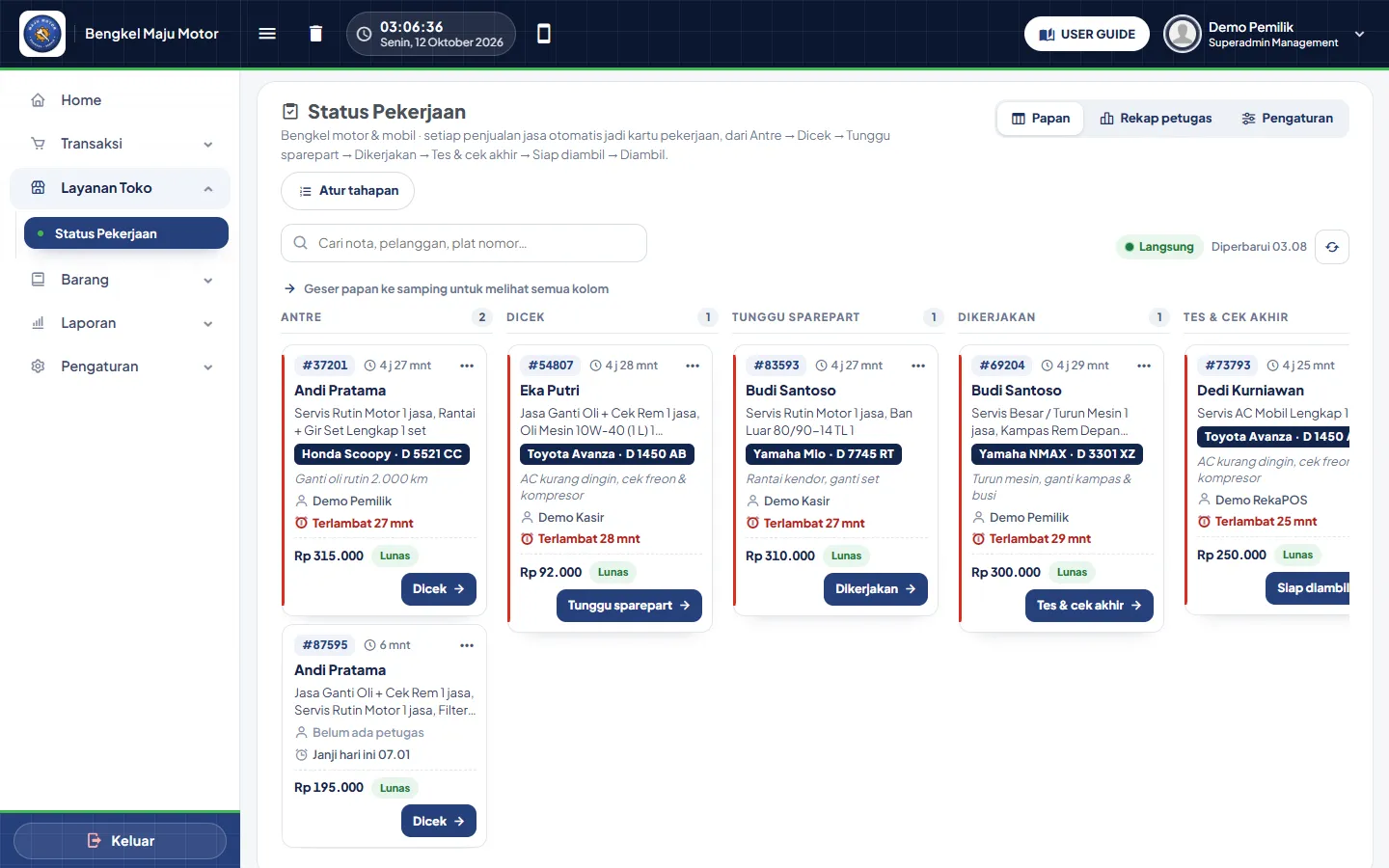 Papan Status Pekerjaan bengkel: kolom Antre, Dicek, Tunggu sparepart, Dikerjakan, Tes & cek akhir, dengan kartu berplat nomor