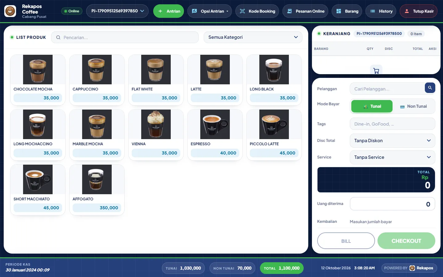 Kasir web Rekapos Coffee dengan menu kopi bergambar
